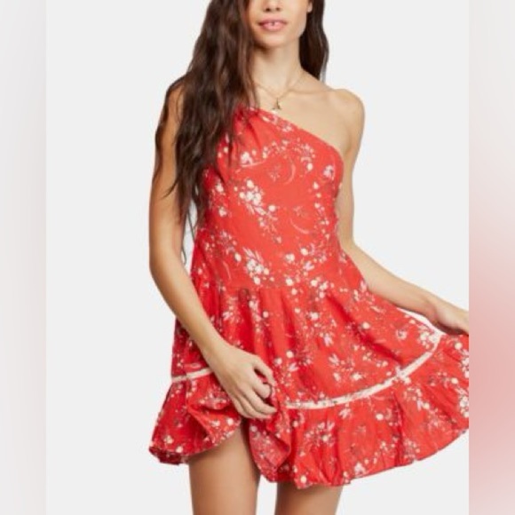 Free People All Mine Mini Dress in Red One Shoulder Tiered Skirt Bohemian Size S - Picture 4 of 13